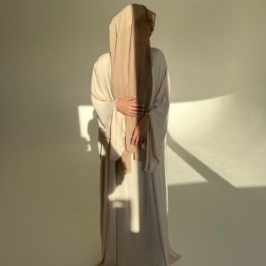 Ivory satin abaya with hand embellished sleeves